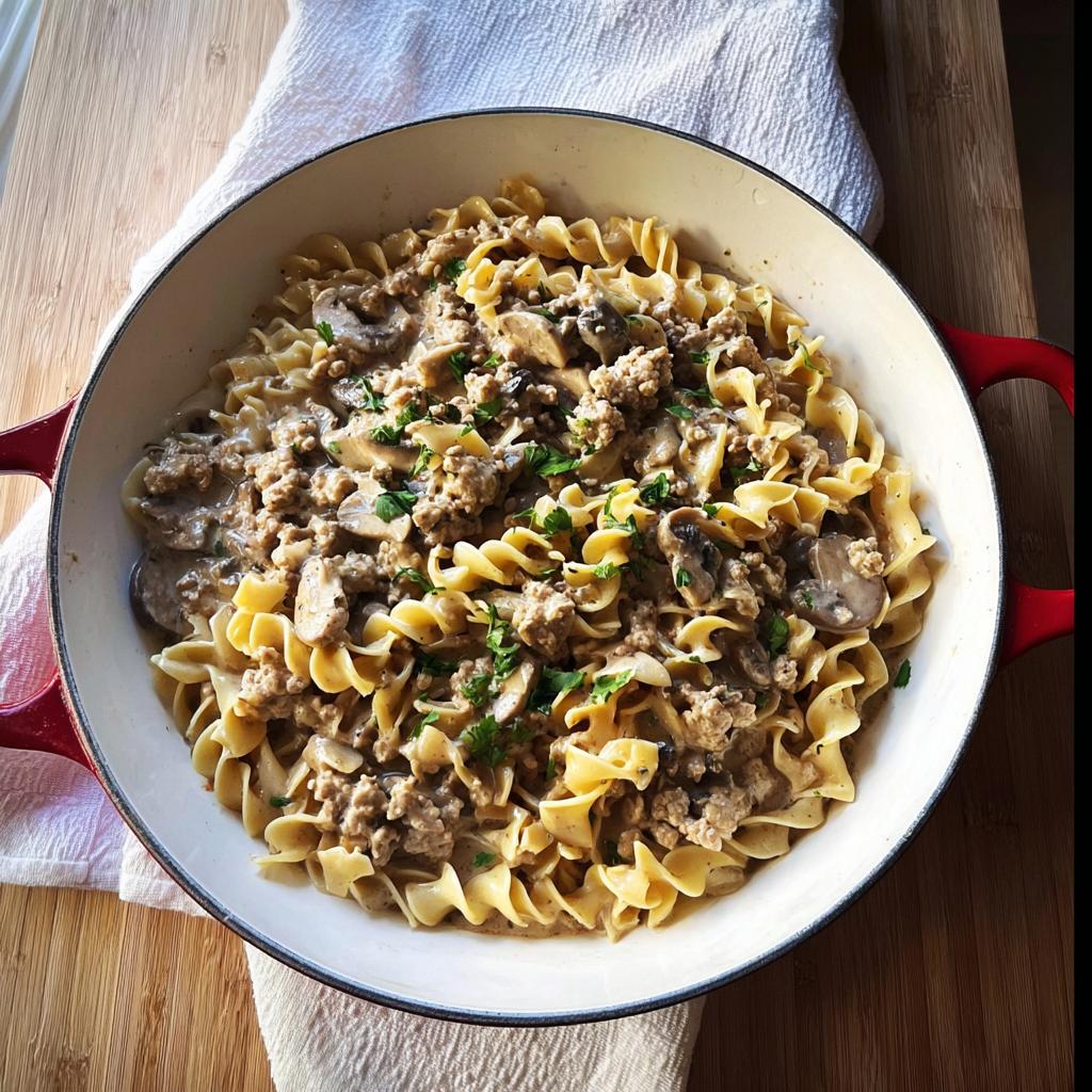 A close-up of Creamy Turkey Stroganoff (Lightened) served with wide egg noodles and garnished with fresh parsley.