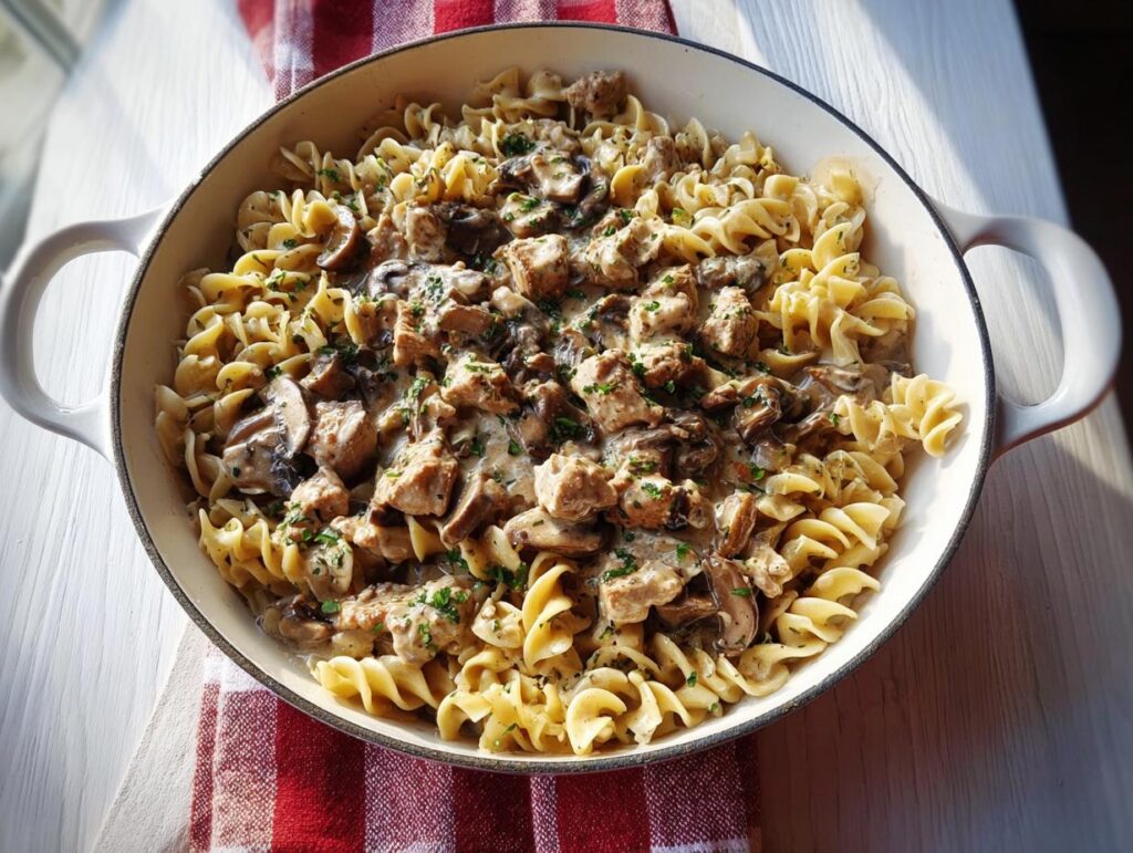 A white pot filled with Creamy Turkey Stroganoff served over fusilli pasta, garnished with parsley.