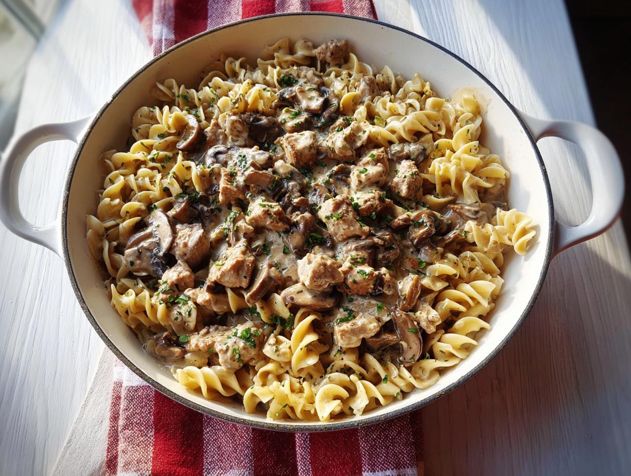 A white pot filled with Creamy Turkey Stroganoff served over fusilli pasta, garnished with parsley.