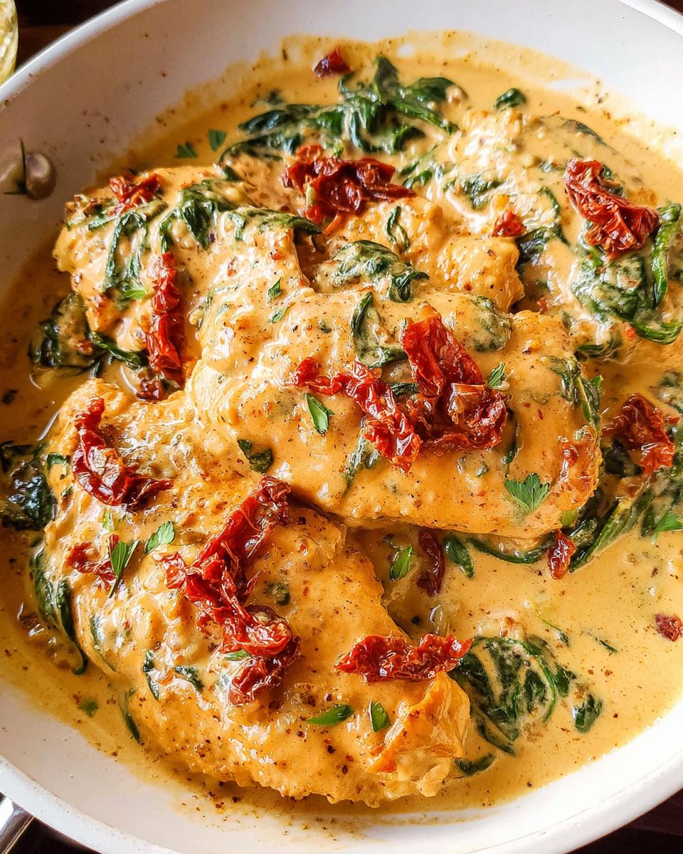 Close-up of Creamy Tuscan Chicken (Skillet) in a rich, creamy sauce with spinach and sun-dried tomatoes.