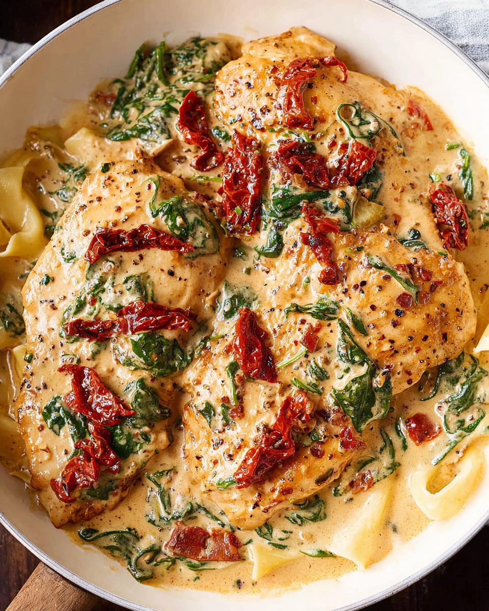 Close-up of Creamy Tuscan Chicken (Skillet) in a pan, featuring chicken breasts in a rich sauce with spinach and sun-dried tomatoes, served with pasta.