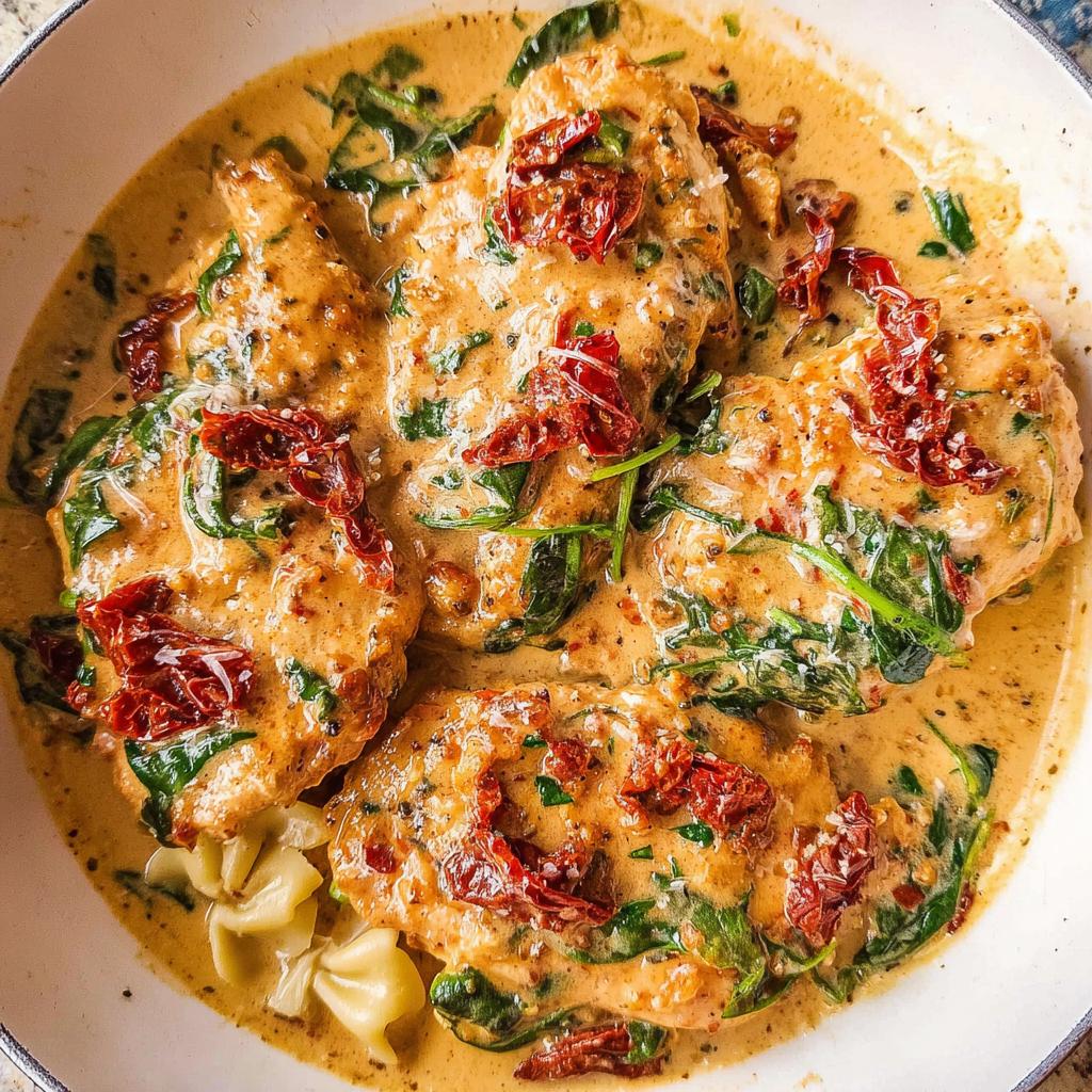 Close-up of Creamy Tuscan Chicken Skillet dish with tender chicken, spinach, sun-dried tomatoes, and pasta.