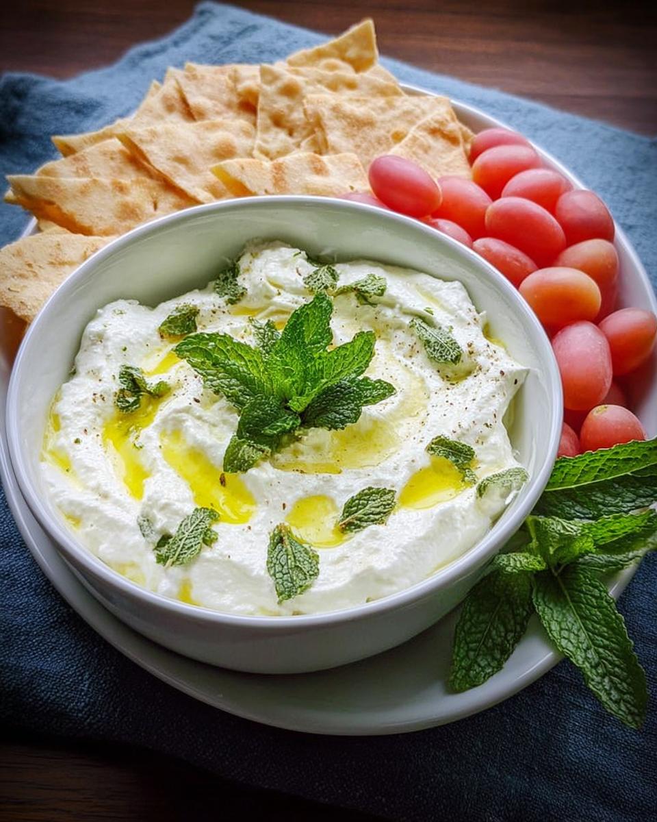 A bowl of creamy white yogurt dip topped with olive oil and fresh mint, served alongside pita chips and cherry tomatoes, perfect for NYE snacks.
