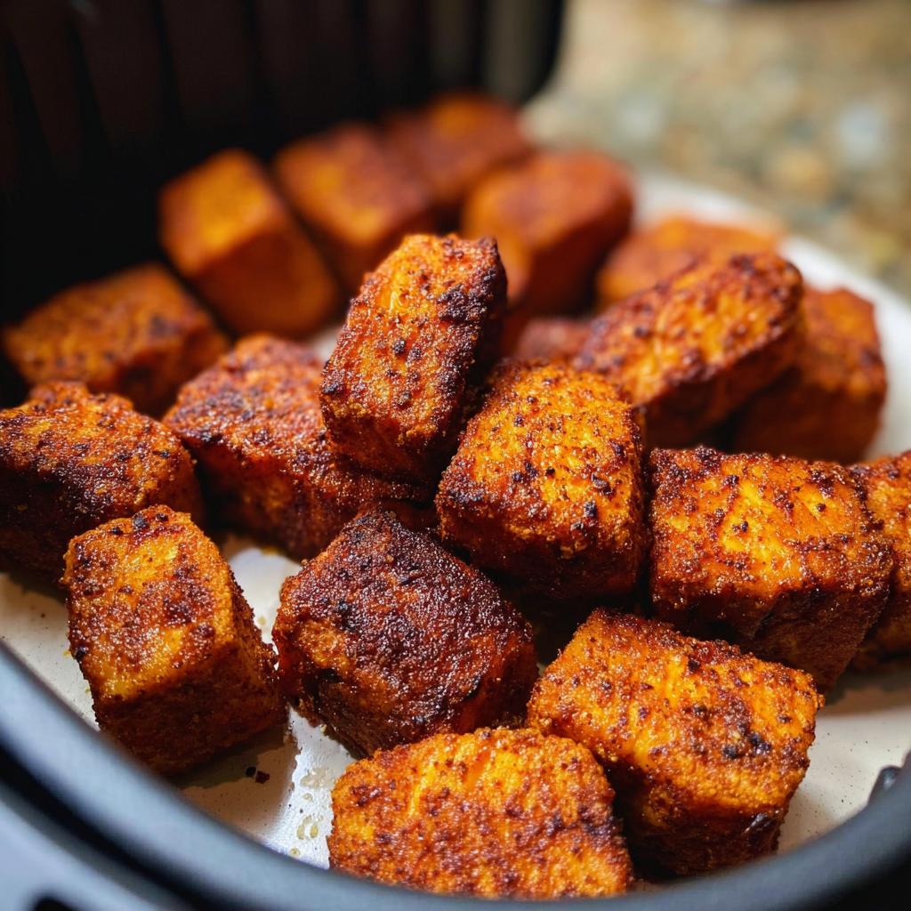 Close-up of golden-brown, crispy air fryer salmon bites seasoned with spices.