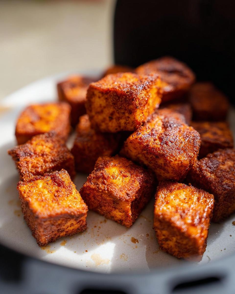 Close-up of crispy air fryer salmon bites seasoned with spices, piled on a white plate.
