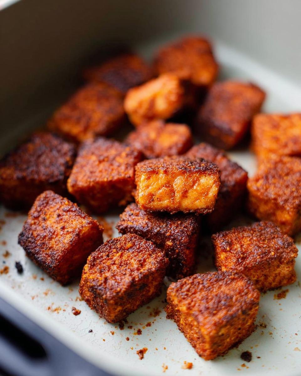 Close-up of perfectly seasoned and crispy air fryer salmon bites in a dish.