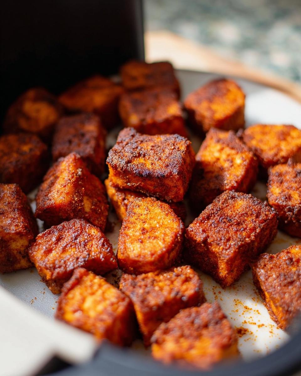 Close-up of crispy air fryer salmon bites seasoned with spices, ready to be served with 3 sauces.