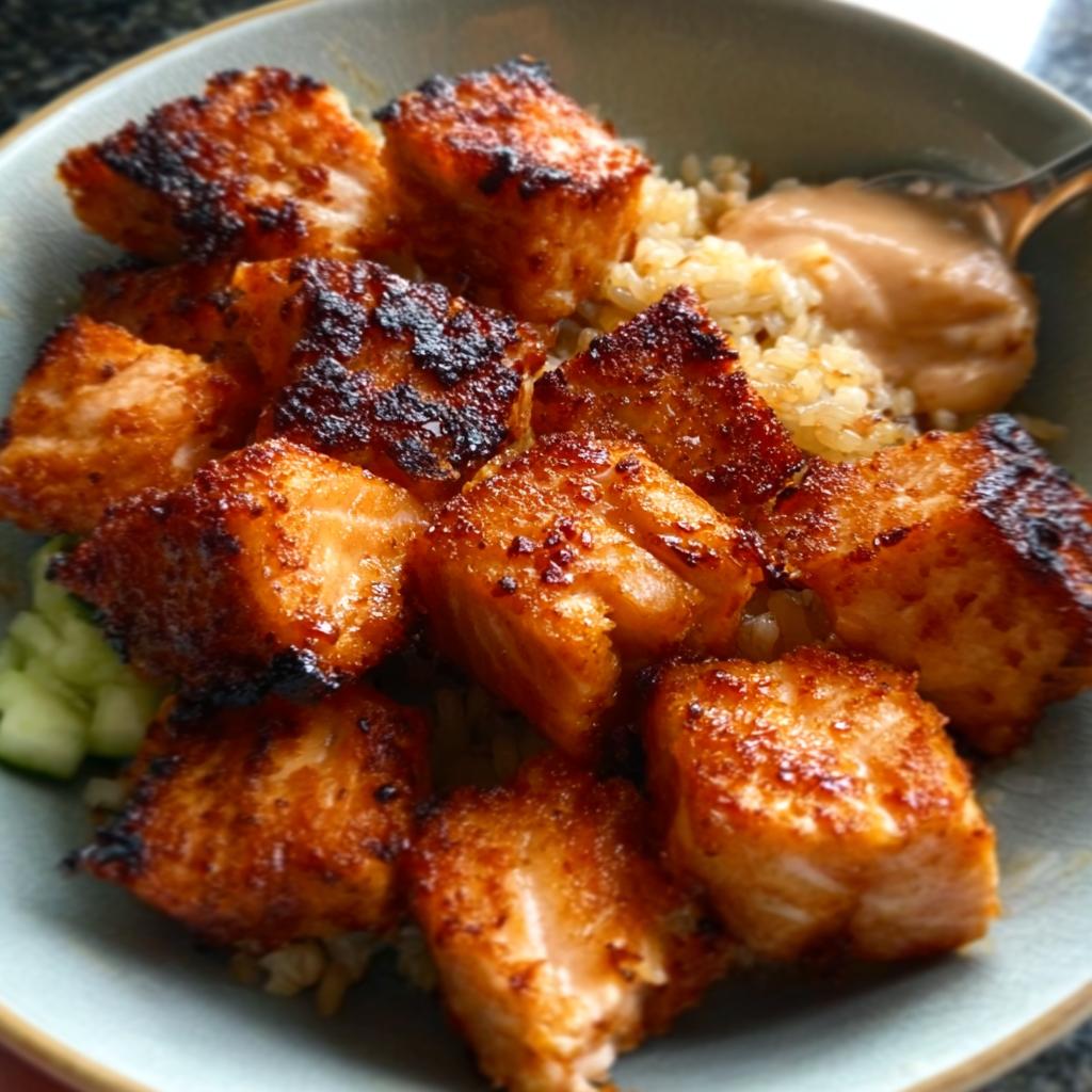 Close-up of crispy Air Fryer Salmon bites served over brown rice with a side of sauce and cucumber.