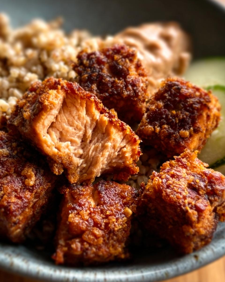 Close-up of crispy Air Fryer Salmon bites with a flaky interior served over brown rice.