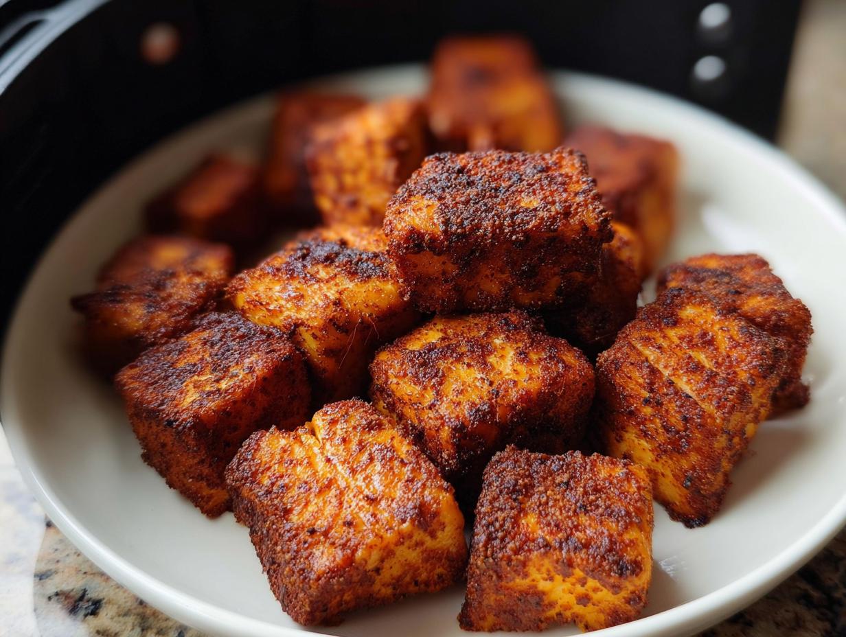 Close-up of bite-sized pieces of Crispy Air Fryer Salmon, seasoned and golden brown.