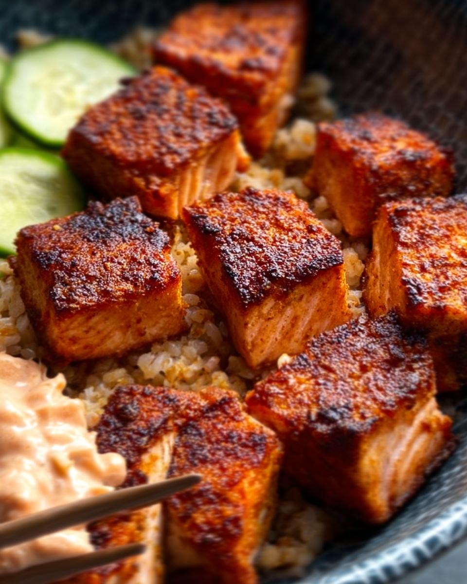 Close-up of crispy Air Fryer Salmon cubes served over rice with sliced cucumber and a side of sauce.