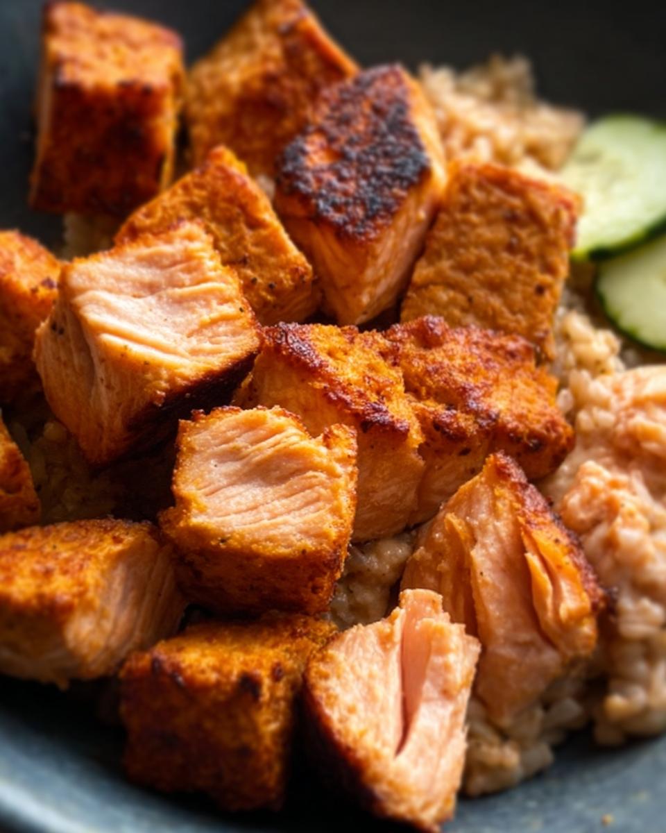 Close-up of crispy Air Fryer Salmon cubes served over brown rice with cucumber slices.