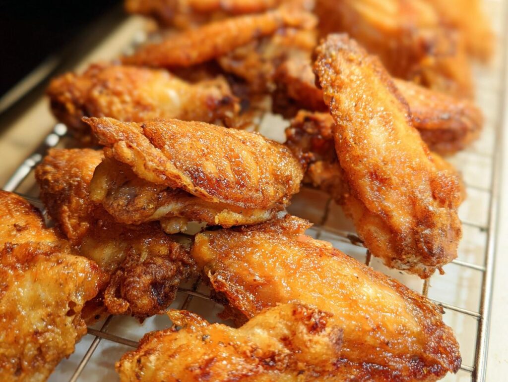 Close-up of golden brown, crispy baked chicken wings resting on a wire cooling rack.
