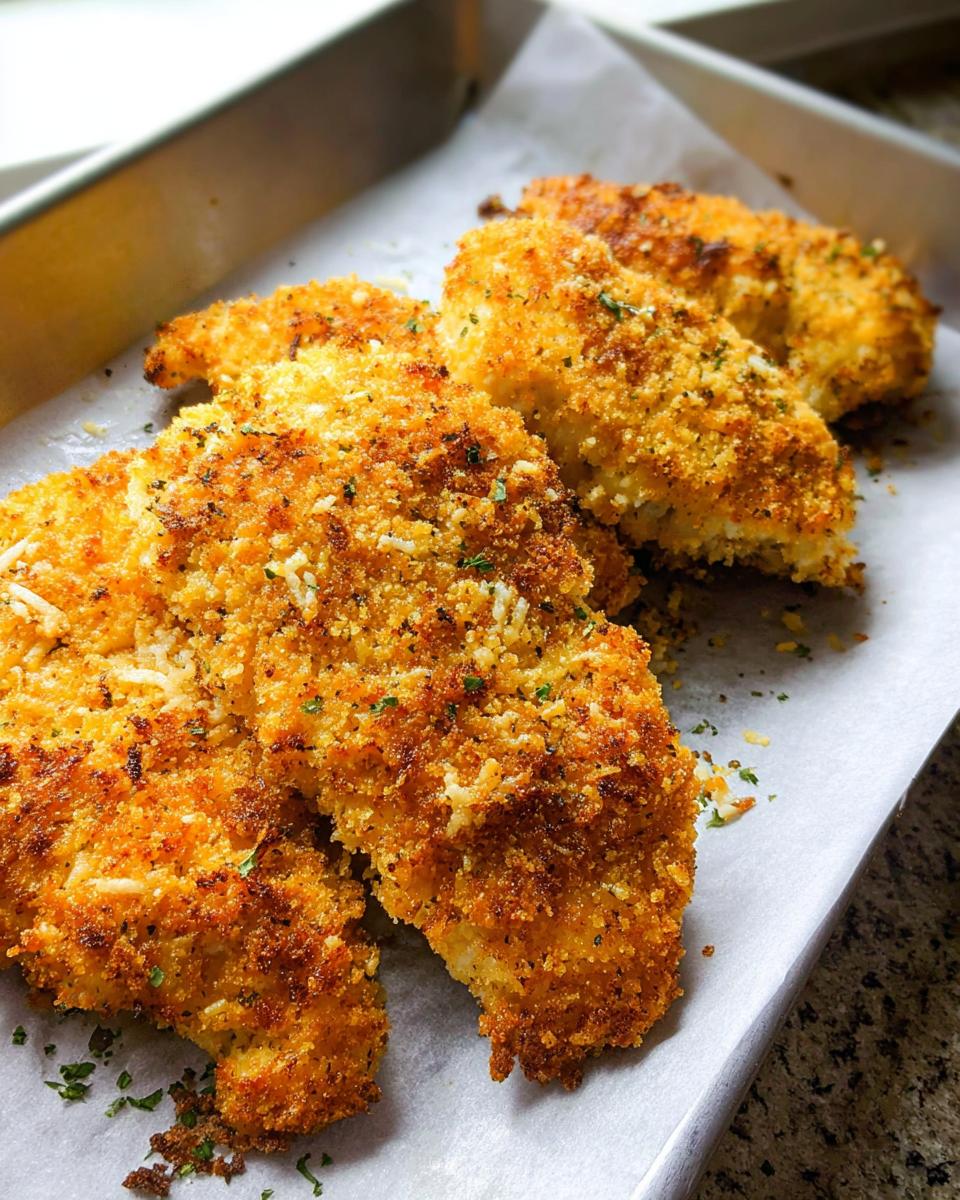 Golden brown and crispy baked parmesan chicken strips on parchment paper in a baking tray.