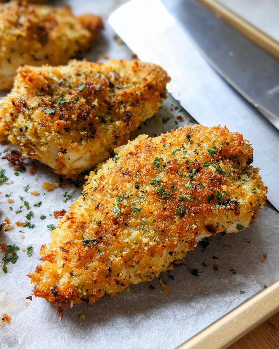 Close-up of golden brown Crispy Baked Parmesan Chicken fillets sprinkled with parsley on a baking sheet.