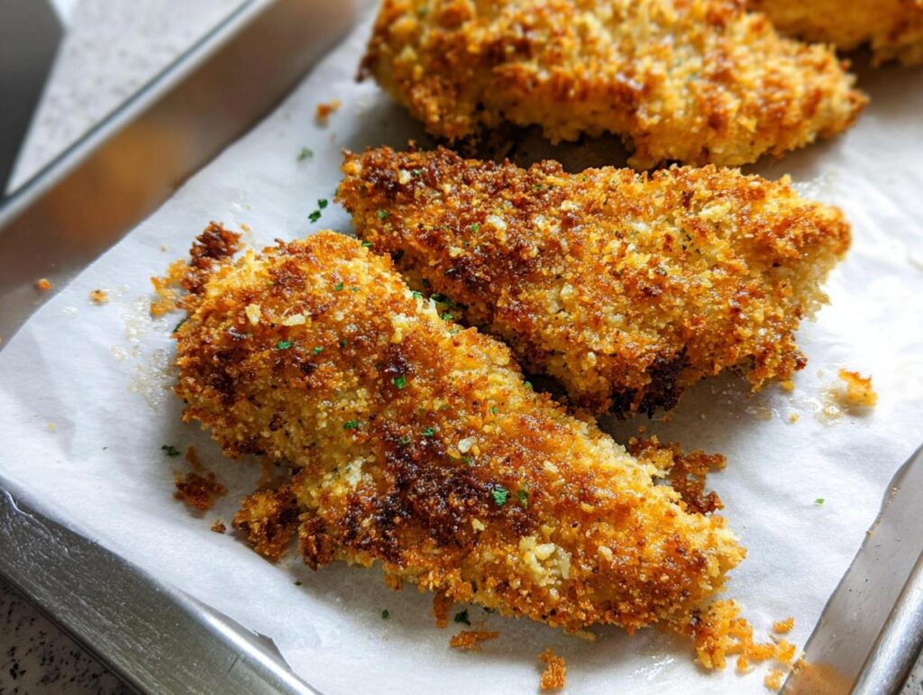 Close-up of golden brown Crispy Baked Parmesan Chicken strips on a baking sheet lined with parchment paper.