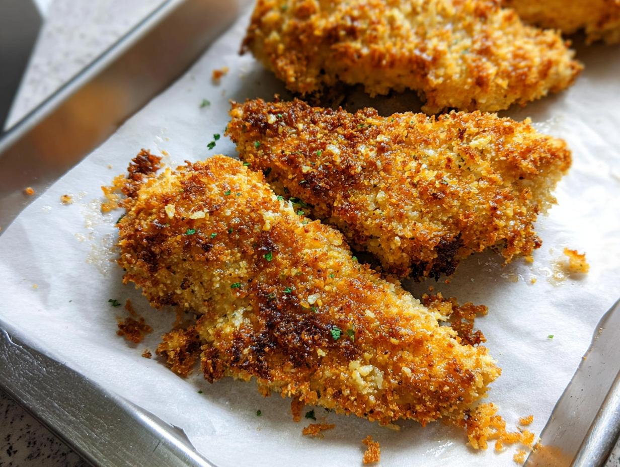 Close-up of golden brown Crispy Baked Parmesan Chicken strips on a baking sheet lined with parchment paper.