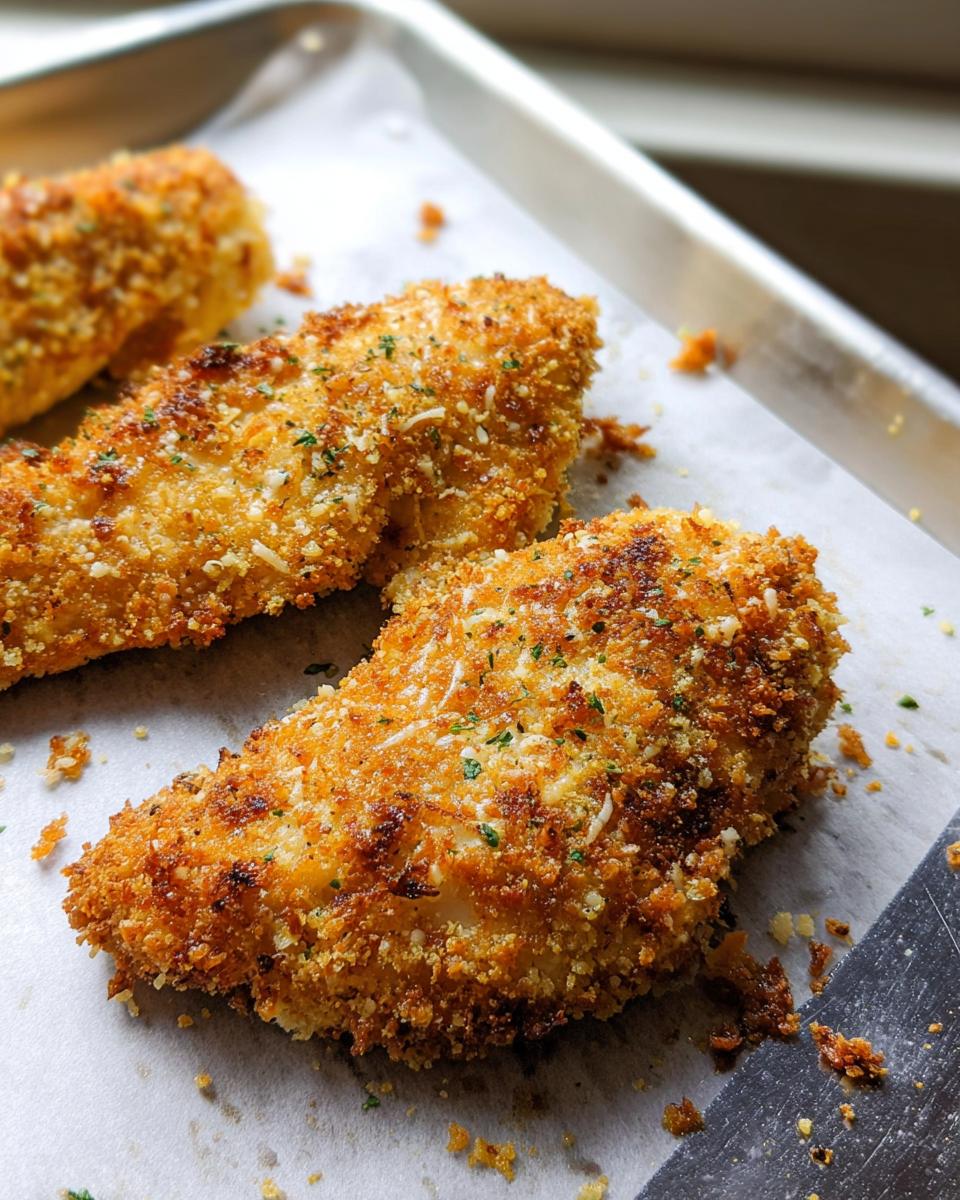 Close-up of golden-brown Crispy Baked Parmesan Chicken tenders on a baking sheet, sprinkled with herbs.