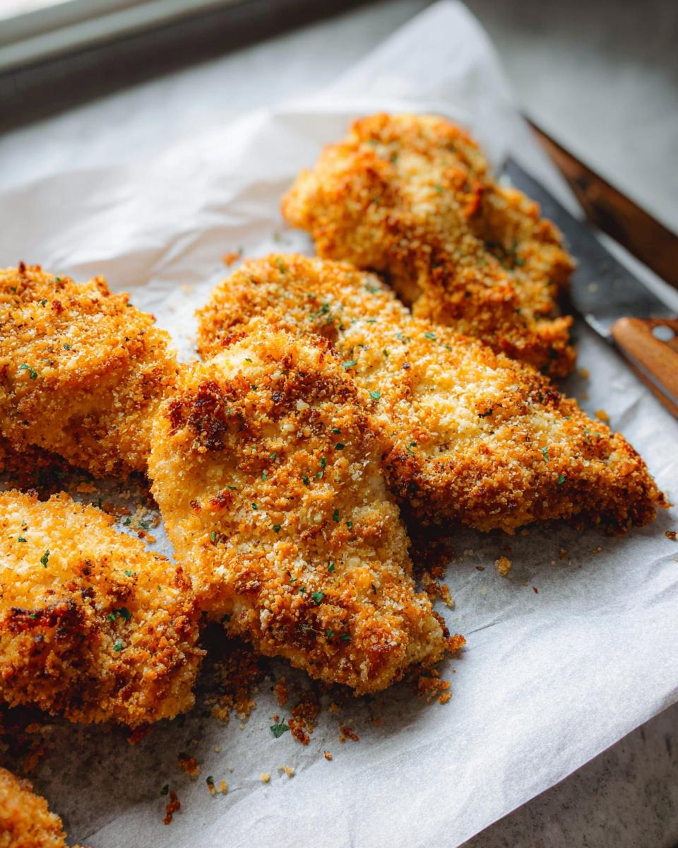 Golden brown, crispy baked Parmesan chicken pieces coated in breadcrumbs and herbs.