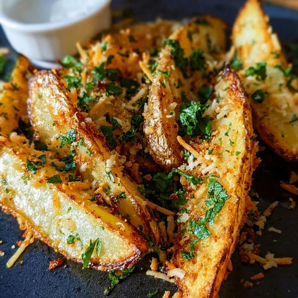 Close-up of crispy, golden Garlic Parmesan Potato Wedges topped with grated cheese and fresh parsley.