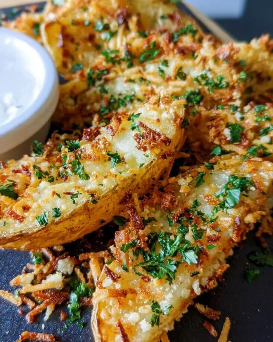 Close-up of crispy Garlic Parmesan Potato Wedges topped with melted cheese and fresh parsley, served with a side of white dipping sauce.