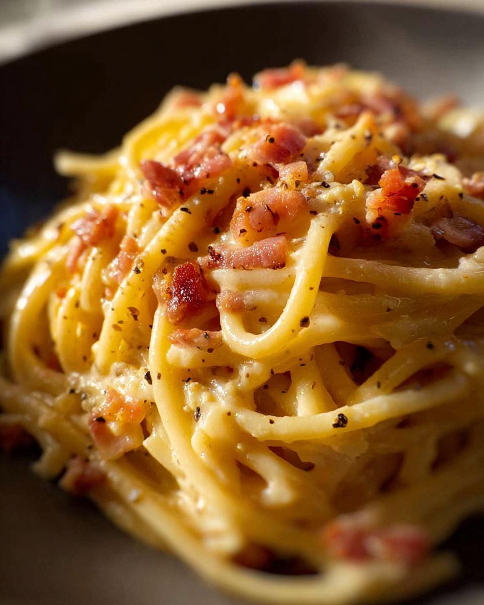 Close-up of creamy pasta carbonara with crispy pancetta and cracked black pepper.