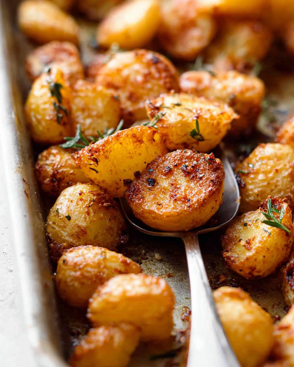 Close-up of golden brown, perfectly Crispy Roasted Potatoes seasoned with herbs in a metal baking dish.