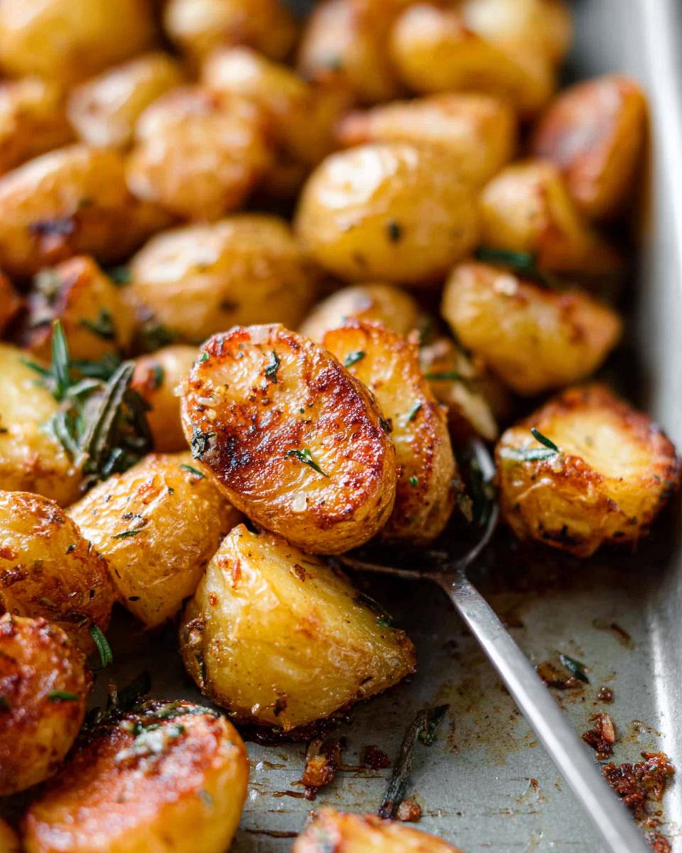 Close-up of golden brown, perfectly Crispy Roasted Potatoes seasoned with salt and rosemary on a baking sheet.