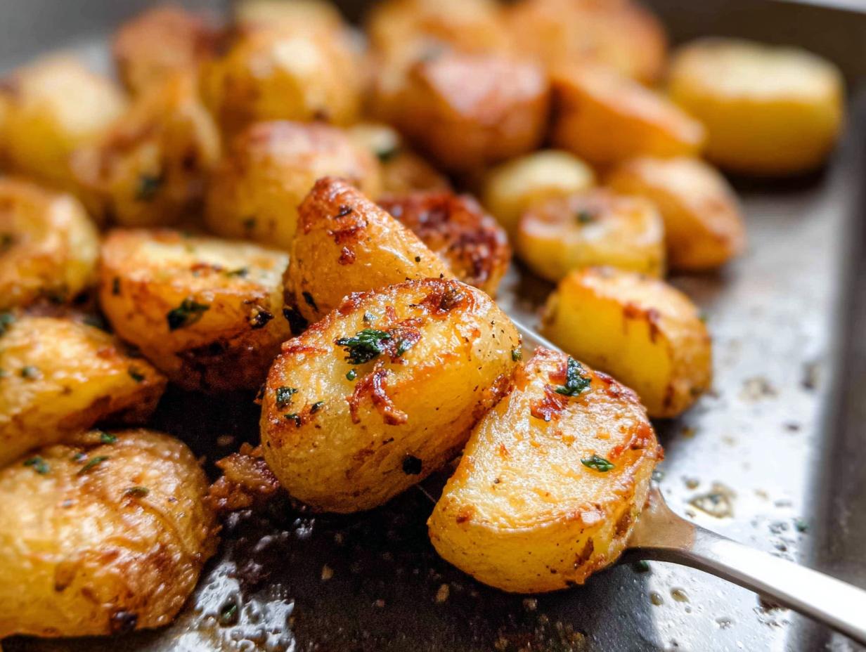 Close-up of golden, seasoned Crispy Roasted Potatoes being lifted by a fork from a dark baking sheet.
