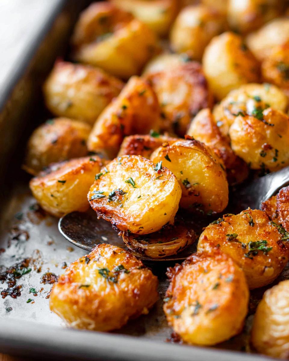 Close-up of golden brown, perfectly Crispy Roasted Potatoes seasoned with parsley on a baking sheet.