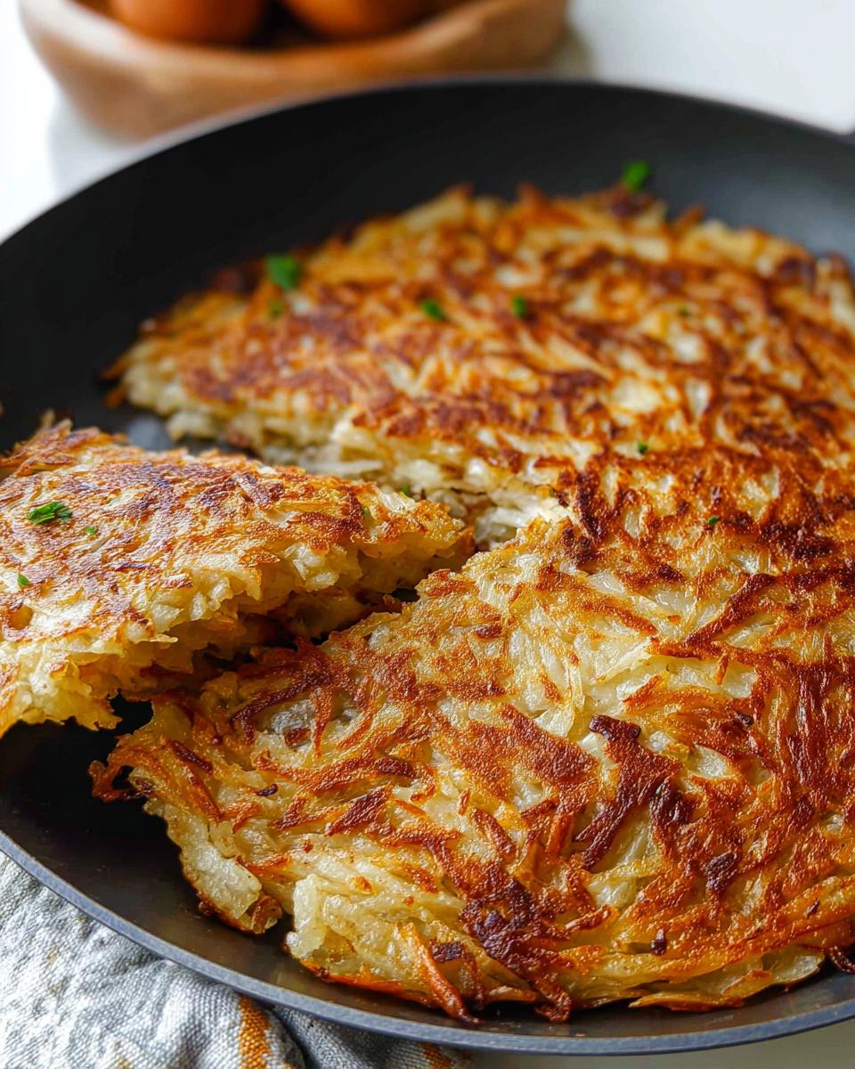 Close-up of golden brown, crispy skillet Hash Browns broken into pieces in a black frying pan.