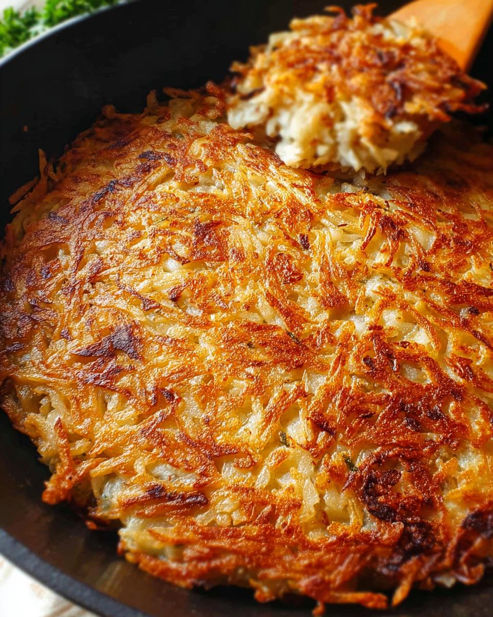 Close-up of perfectly cooked crispy skillet Hash Browns with a deep golden brown, crunchy exterior in a black pan.