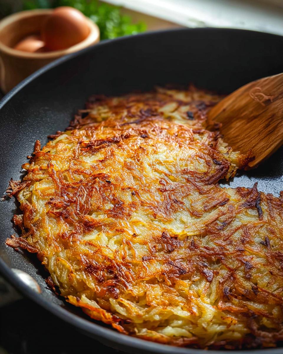 Close-up of golden brown, crispy skillet Hash Browns cooking in a black frying pan with a wooden spatula.