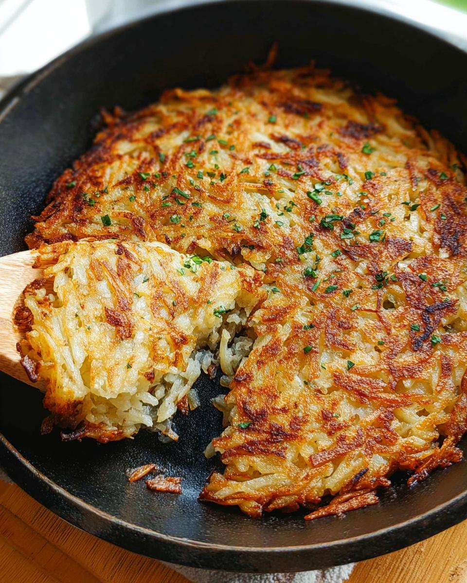 A large, round portion of crispy skillet Hash Browns being lifted out of a black cast iron pan with a wooden spatula.