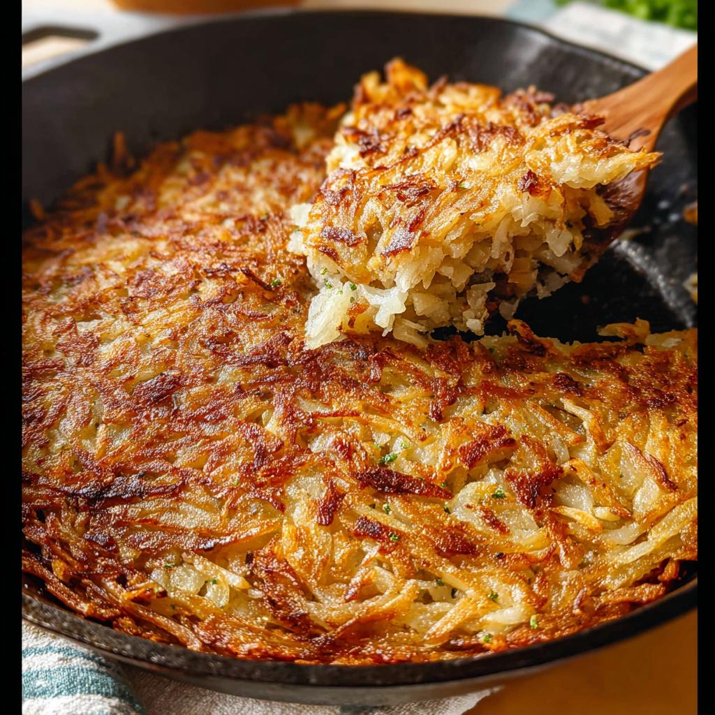 A close-up of golden brown, crispy skillet Hash Browns being lifted from a cast iron pan with a wooden spatula.