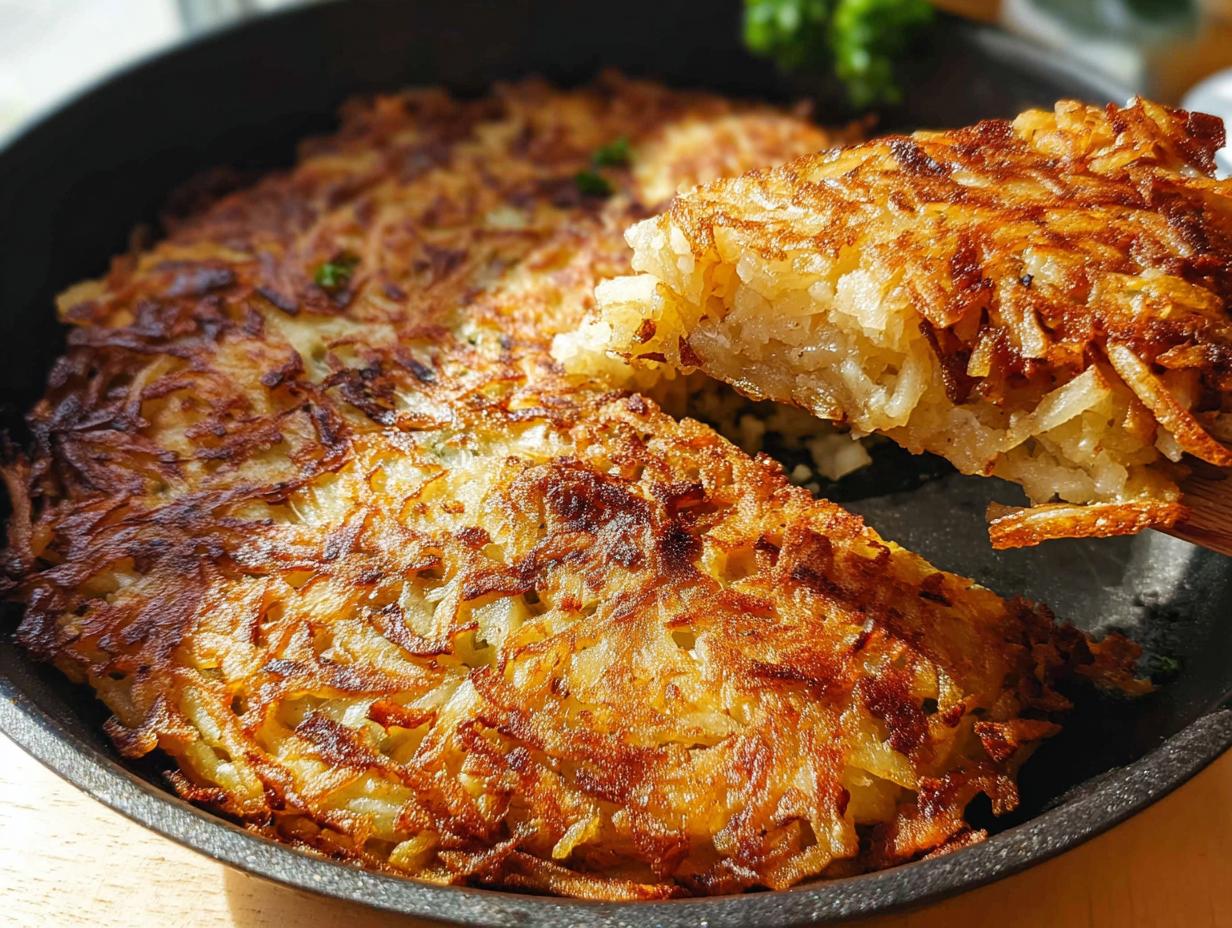 A golden brown, crispy skillet Hash Browns being lifted out of a black cast iron pan.