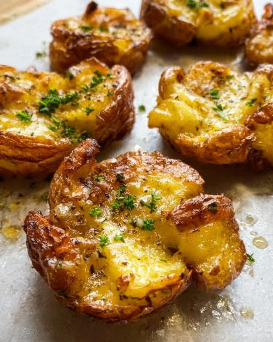 Close-up of golden brown, crispy smash potatoes seasoned with herbs and salt.