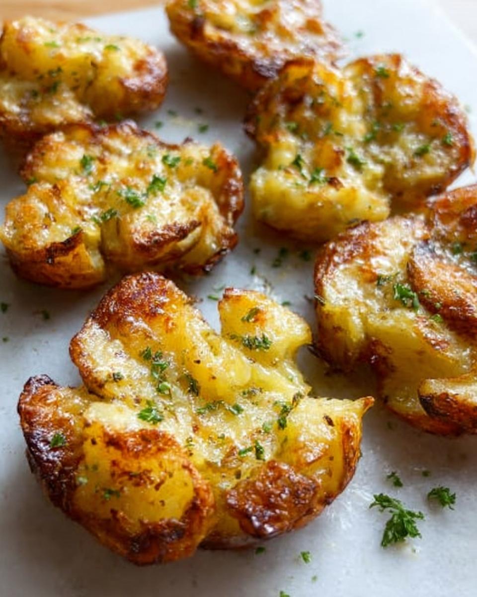 Close-up of golden brown, crispy smash potatoes sprinkled with fresh parsley.