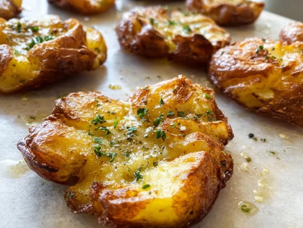 Close-up of golden brown, crispy smash potatoes seasoned with herbs on parchment paper.