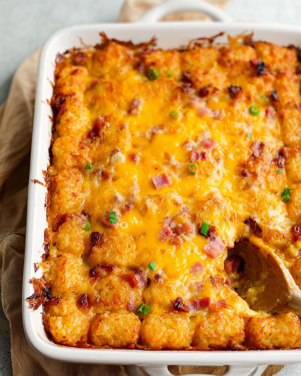 Close-up of a freshly baked Tater Tot Breakfast Casserole with a crispy top and melted cheddar cheese.
