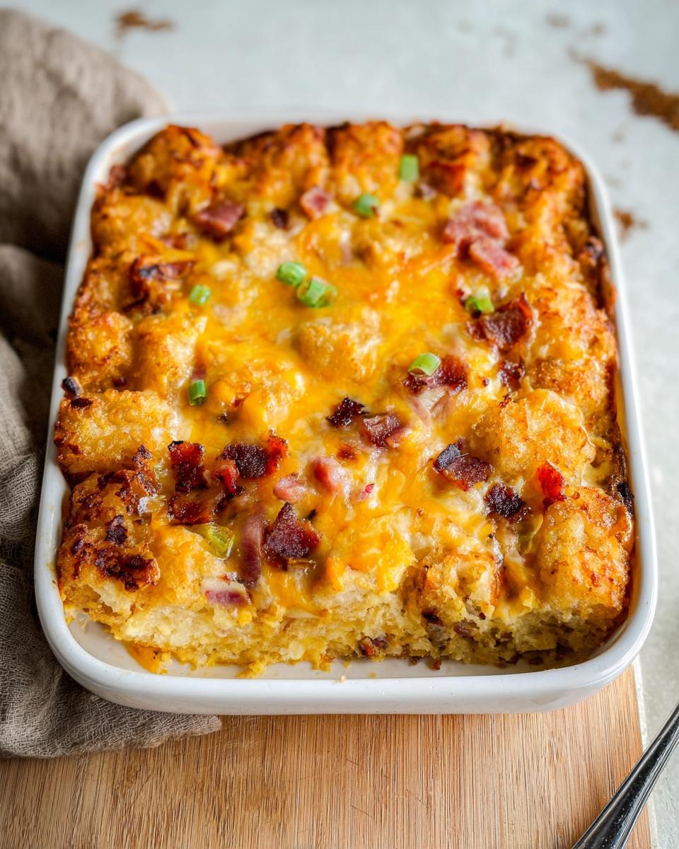 A freshly baked Tater Tot Breakfast Casserole with a crispy top, melted cheddar cheese, bacon, and green onions.