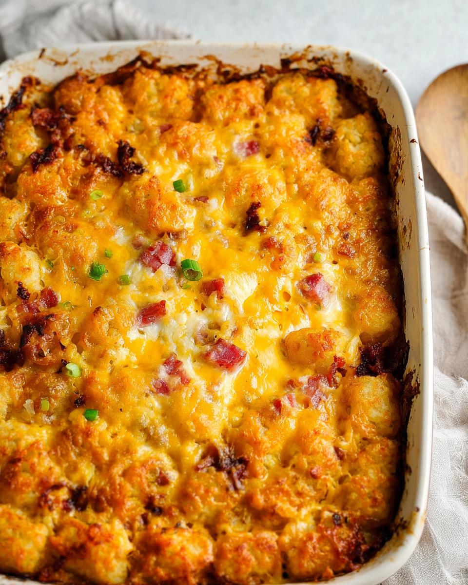 Close-up of a baked Tater Tot Breakfast Casserole with a golden, crispy top layer of melted cheese and bacon bits.