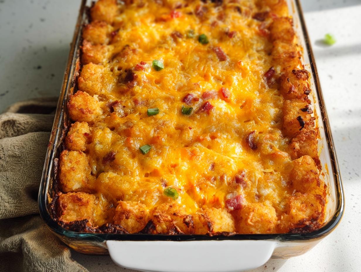 A close-up of a baked Tater Tot Breakfast Casserole topped with melted cheddar cheese and green onions.