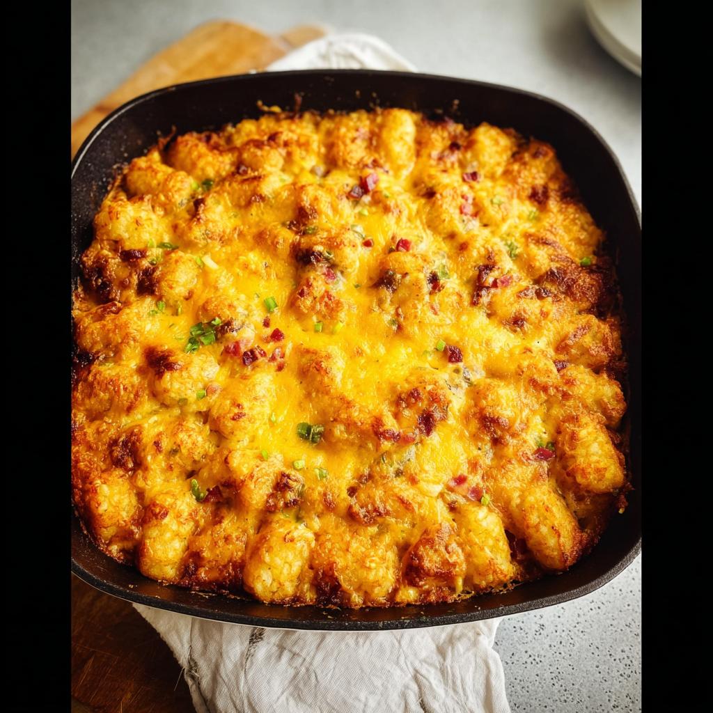 Close-up of a baked Tater Tot Breakfast Casserole with a crispy top layer of melted cheddar cheese.