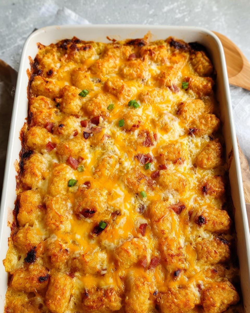Close-up of a baked Tater Tot Breakfast Casserole with a crispy top, melted cheddar cheese, and bacon bits.