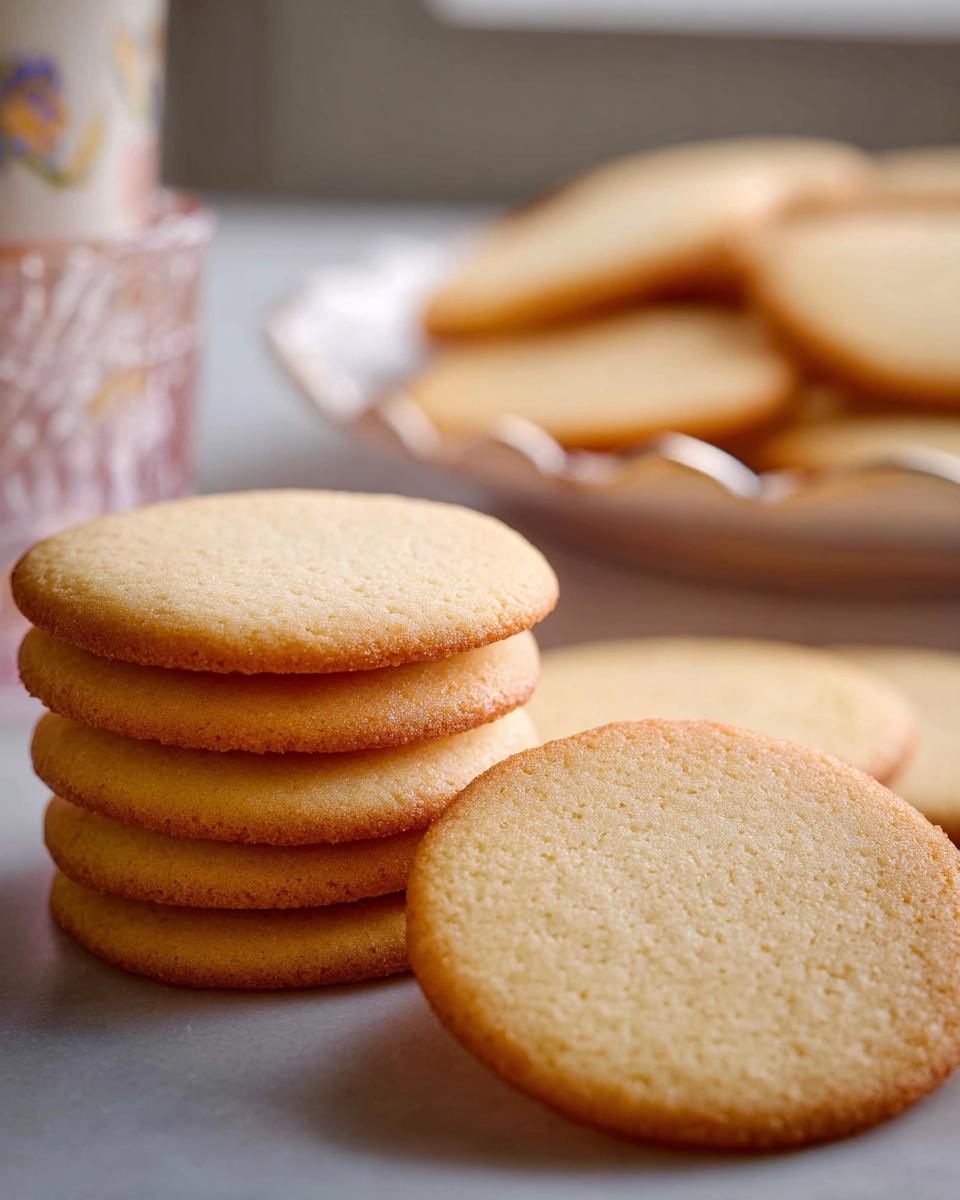 Close-up of golden brown Cutout Sugar Cookies, stacked and scattered, showing their uniform shape.