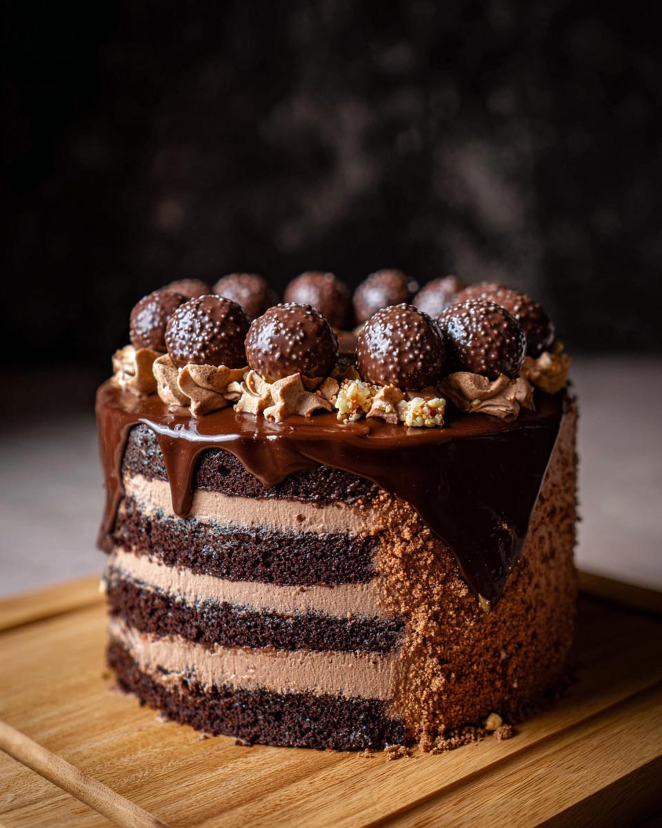A tall, layered Dark Chocolate Truffle Cake featuring chocolate ganache drip and hazelnut truffle toppings.