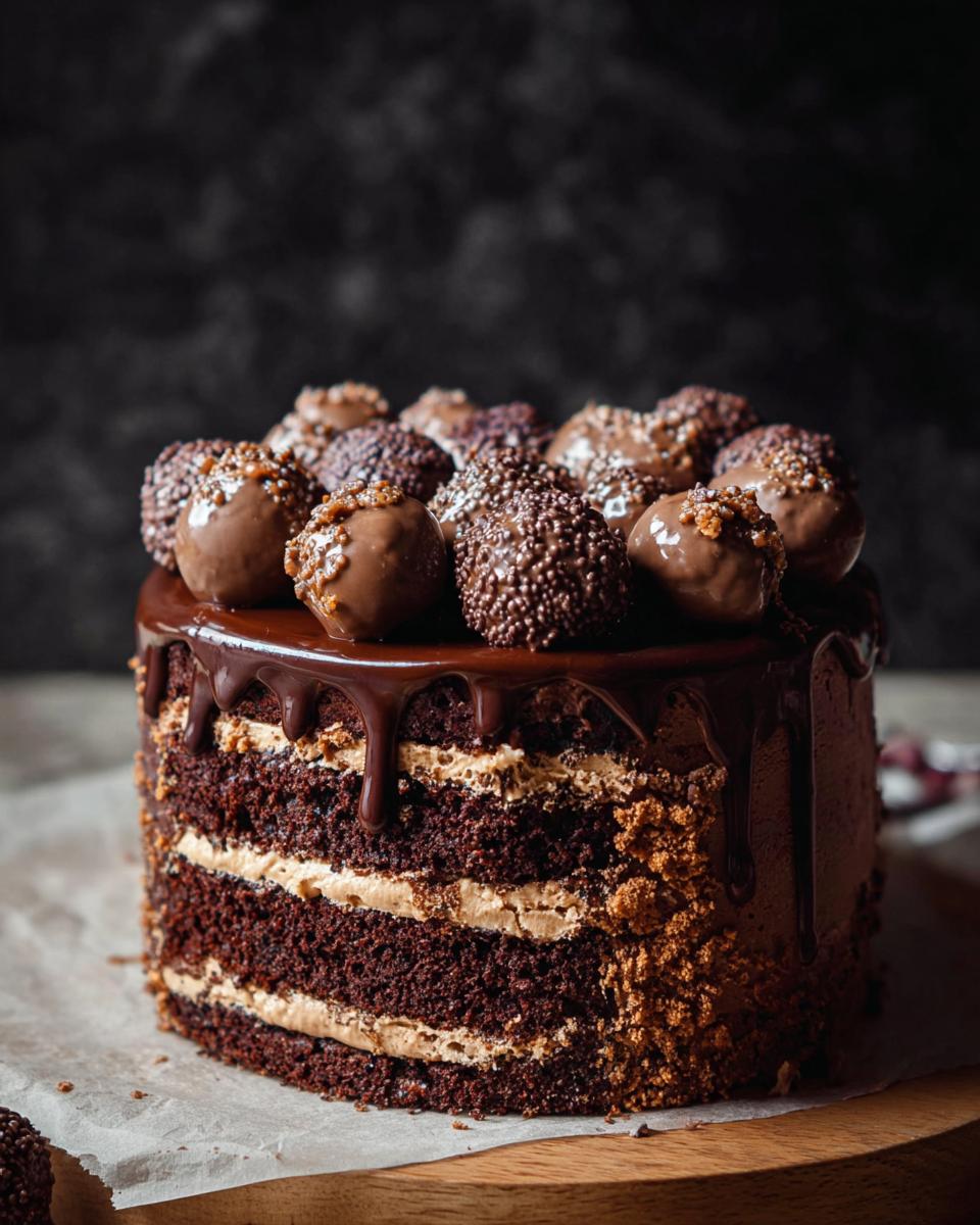 A tall, layered Dark Chocolate Truffle Cake topped with chocolate truffles and a rich chocolate drip glaze.