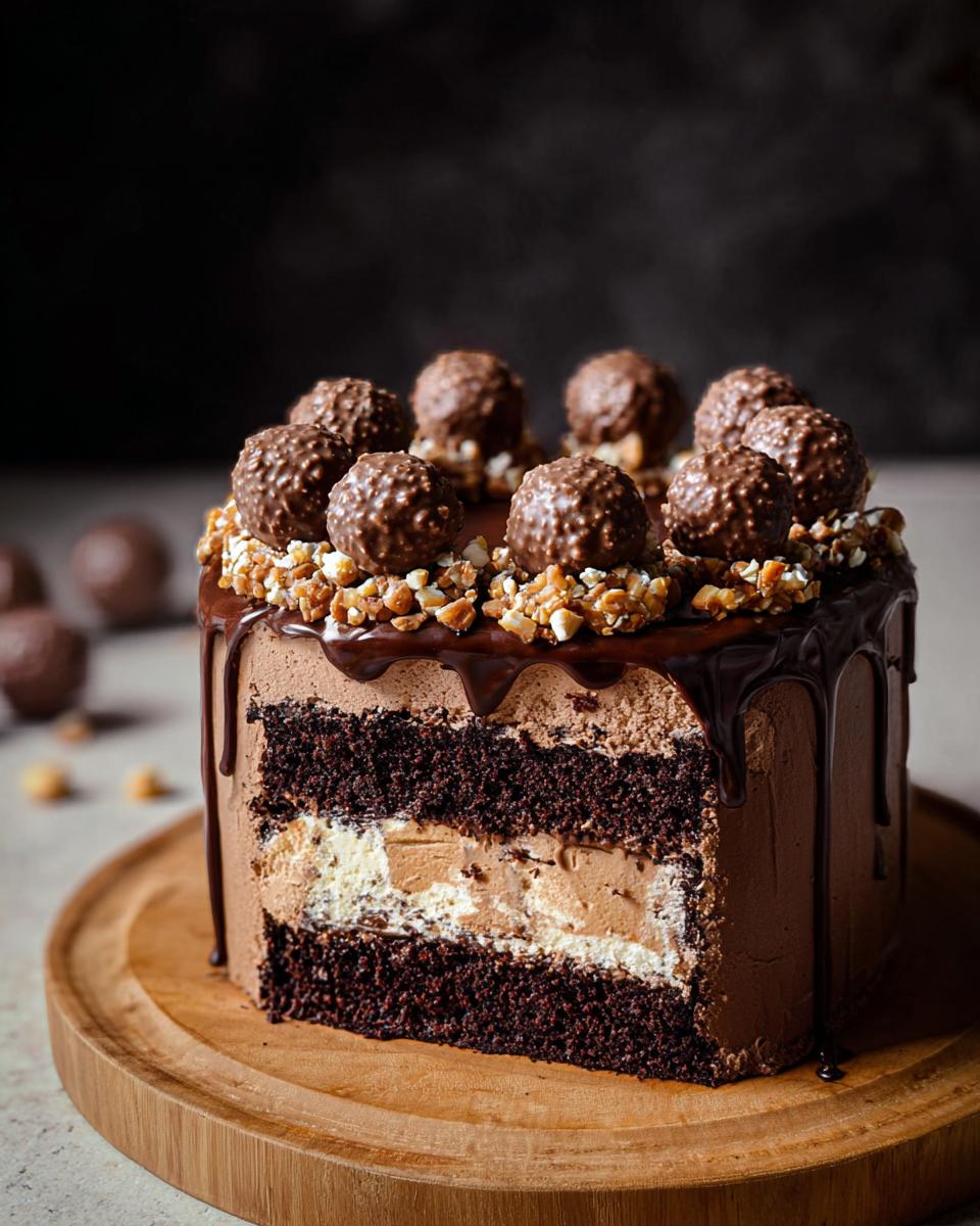 A slice cut from a decadent Dark Chocolate Truffle Cake, topped with chocolate drizzle and hazelnut candies.
