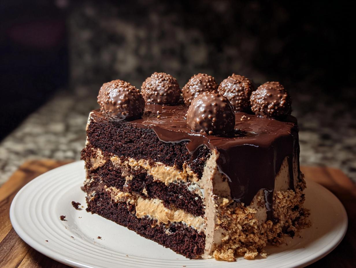 A decadent slice of Dark Chocolate Truffle Cake featuring layers of dark cake, peanut butter filling, and topped with chocolate ganache and hazelnut truffles.